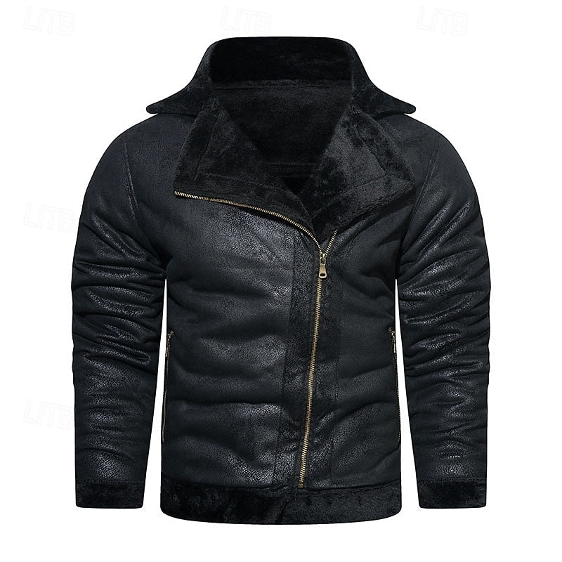 Faux Leather Biker Jacket Men's Black Fleece-Lined Zip-Up – Casual, Winter Motorcycle Outerwear