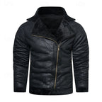 Faux Leather Biker Jacket Men's Black Fleece-Lined Zip-Up – Casual, Winter Motorcycle Outerwear