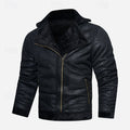 Faux Leather Biker Jacket Men's Black Fleece-Lined Zip-Up – Casual, Winter Motorcycle Outerwear