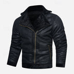 Faux Leather Biker Jacket Men's Black Fleece-Lined Zip-Up – Casual, Winter Motorcycle Outerwear