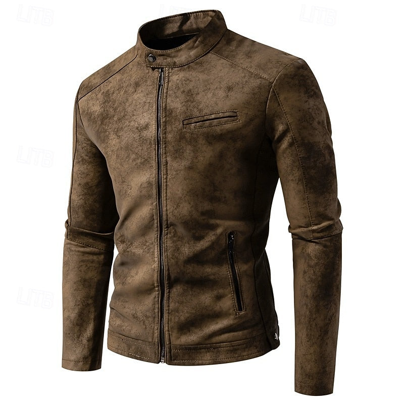 Faux Leather Biker Jacket Men's Stand Collar Zip-Up – Casual, Gift · Faylori