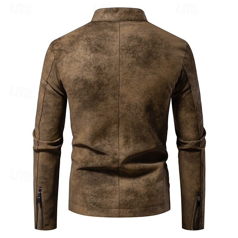Faux Leather Biker Jacket Men's Stand Collar Zip-Up – Casual, Gift · Faylori