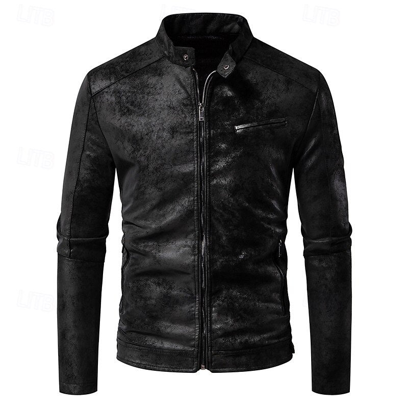 Faux Leather Biker Jacket Men's Stand Collar Zip-Up – Casual, Gift · Faylori