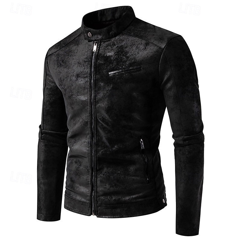 Faux Leather Biker Jacket Men's Stand Collar Zip-Up – Casual, Gift · Faylori