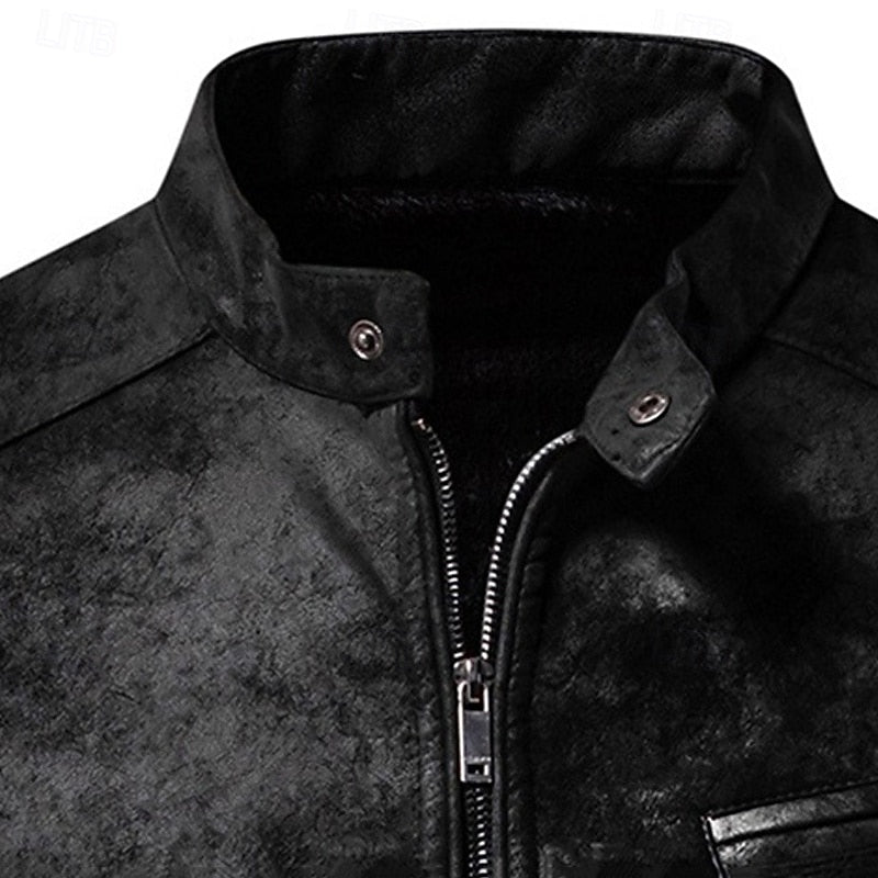 Faux Leather Biker Jacket Men's Stand Collar Zip-Up – Casual, Gift · Faylori