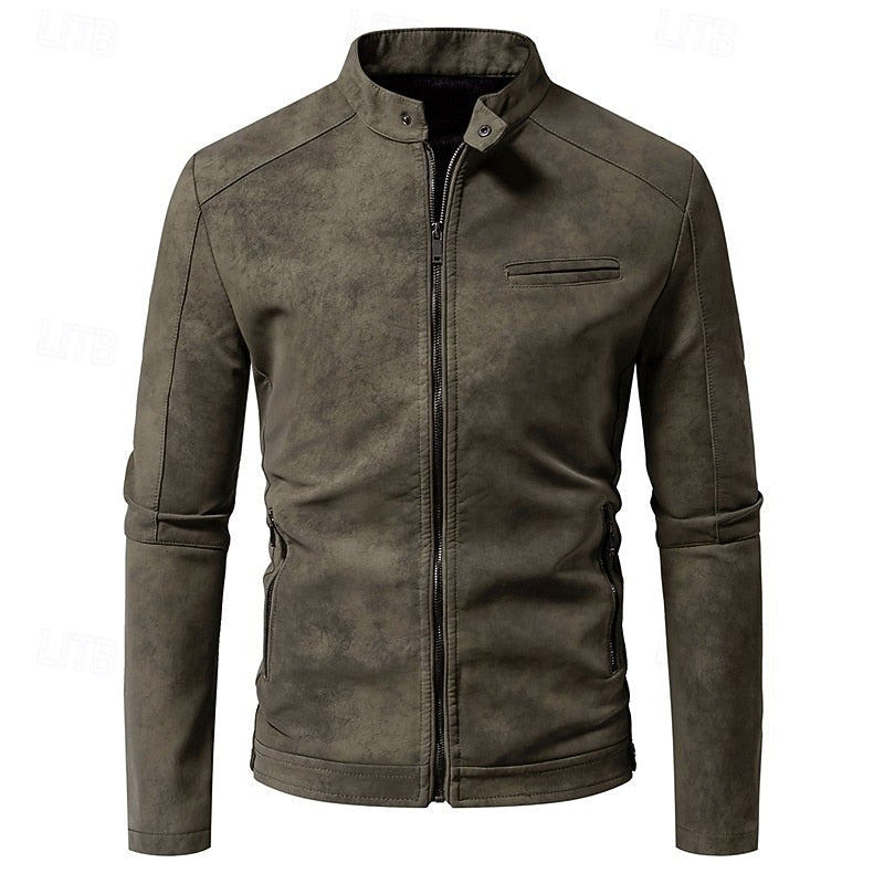 Faux Leather Biker Jacket Men's Stand Collar Zip-Up – Casual, Gift · Faylori
