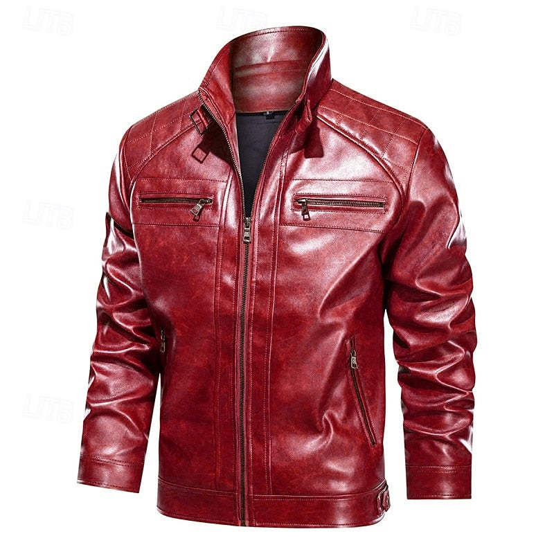 Faux Leather Biker Jacket Men's Stand Collar Zip-Up Red Moto Coat – Casual, Gift