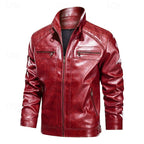 Faux Leather Biker Jacket Men's Stand Collar Zip-Up Red Moto Coat – Casual, Gift