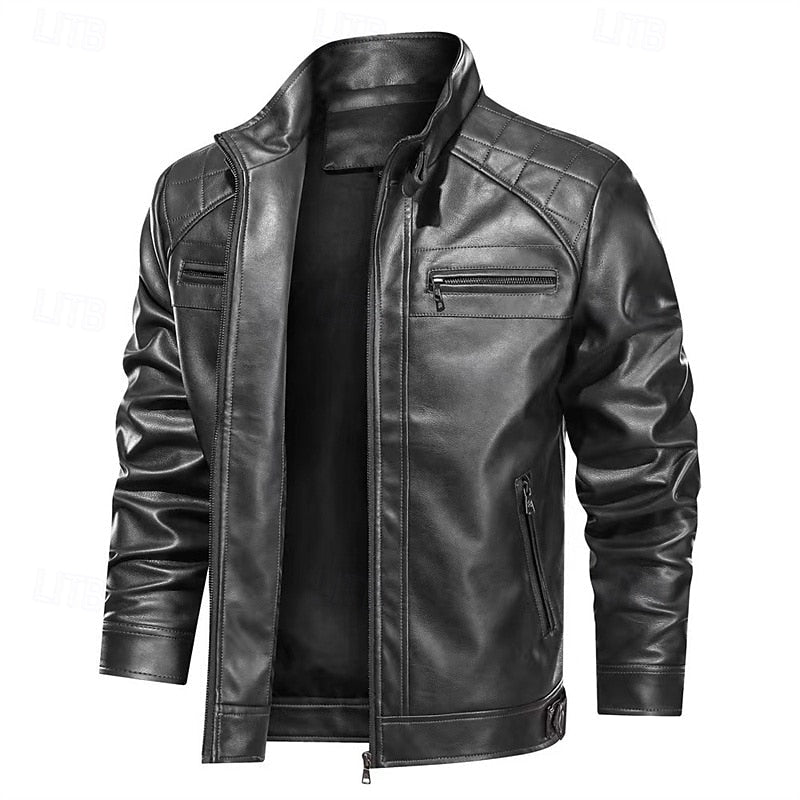 Faux Leather Biker Jacket Men's Stand Collar Zip-Up Red Moto Coat – Casual, Gift