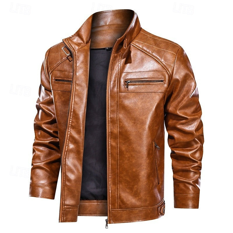 Faux Leather Biker Jacket Men's Stand Collar Zip-Up Red Moto Coat – Casual, Gift