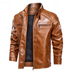 Faux Leather Biker Jacket Men's Stand Collar Zip-Up Red Moto Coat – Casual, Gift