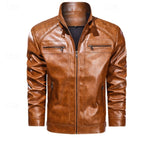 Faux Leather Biker Jacket Men's Stand Collar Zip-Up Red Moto Coat – Casual, Gift