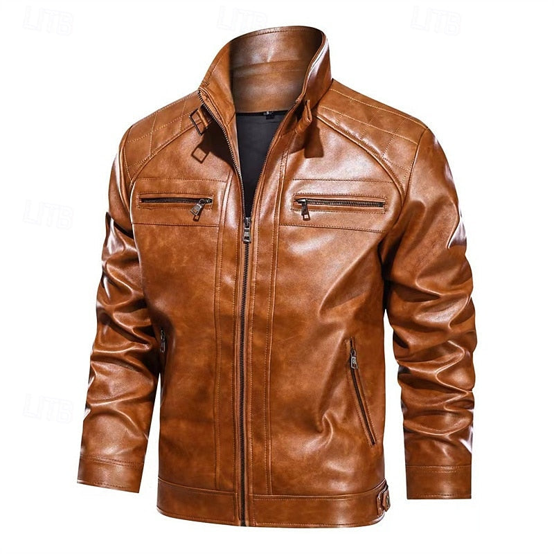 Faux Leather Biker Jacket Men's Stand Collar Zip-Up Red Moto Coat – Casual, Gift