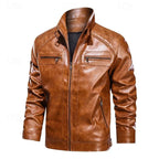 Faux Leather Biker Jacket Men's Stand Collar Zip-Up Red Moto Coat – Casual, Gift
