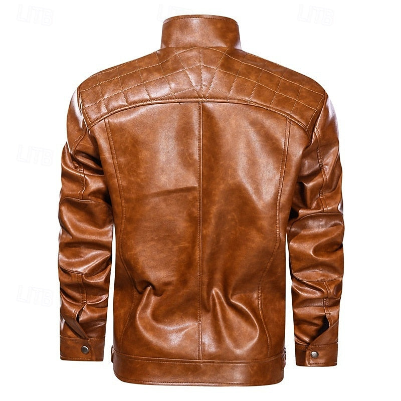 Faux Leather Biker Jacket Men's Stand Collar Zip-Up Red Moto Coat – Casual, Gift