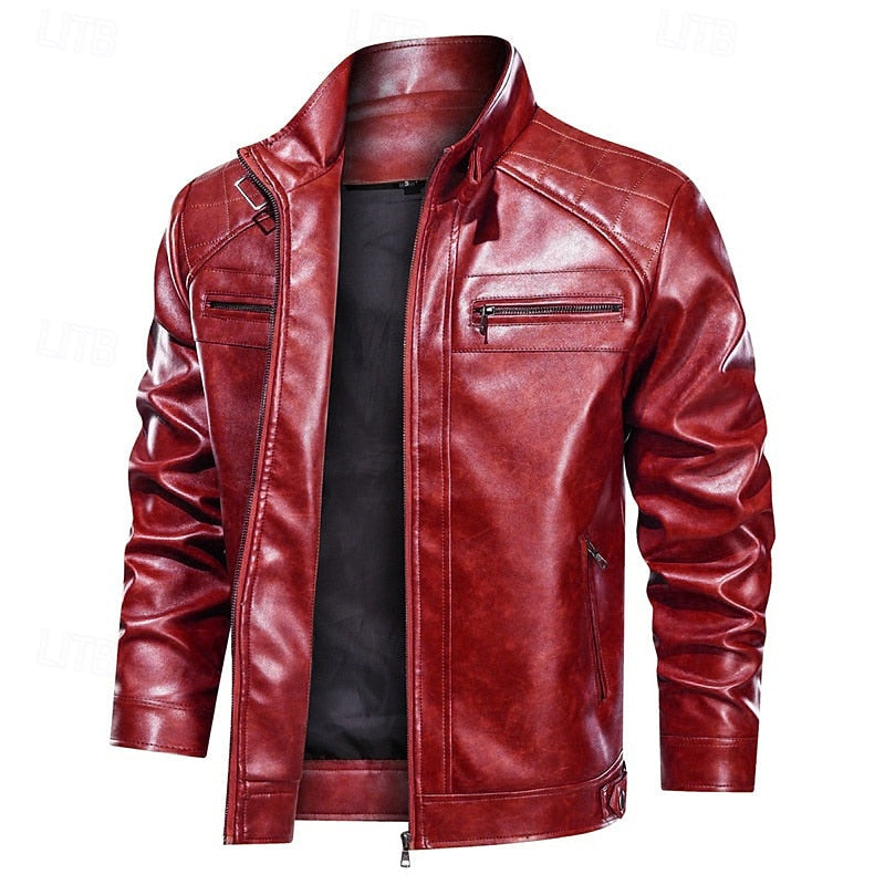 Faux Leather Biker Jacket Men's Stand Collar Zip-Up Red Moto Coat – Casual, Gift
