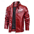 Faux Leather Biker Jacket Men's Stand Collar Zip-Up Red Moto Coat – Casual, Gift