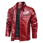 Faux Leather Biker Jacket Men's Stand Collar Zip-Up Red Moto Coat – Casual, Gift