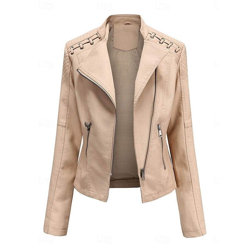 Faux Leather Biker Jacket Women's Black Zip-Up Moto Jacket – Casual, Office, Gift