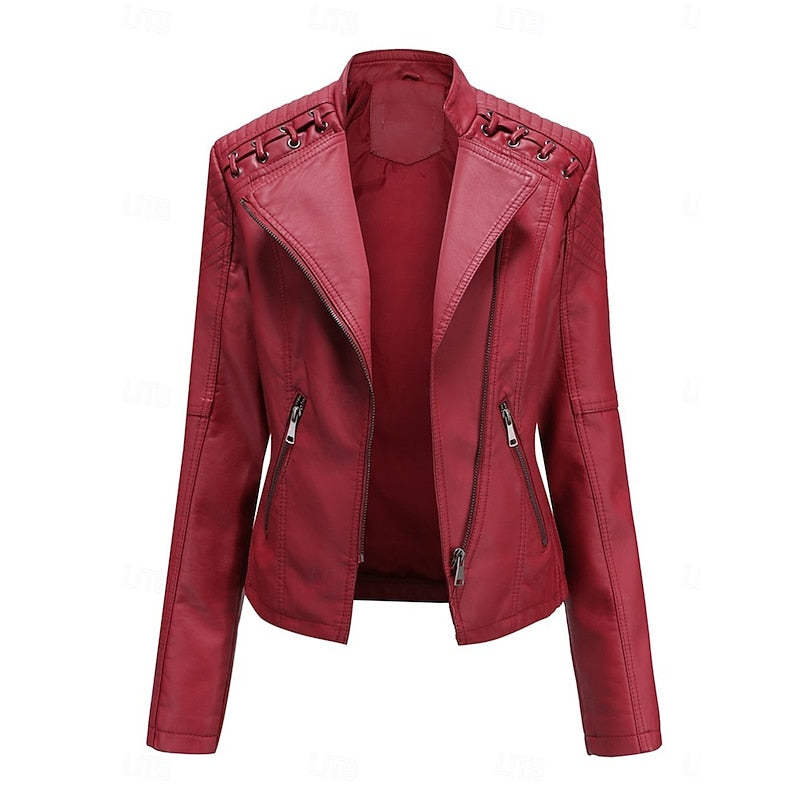 Faux Leather Biker Jacket Women's Black Zip-Up Moto Jacket – Casual, Office, Gift