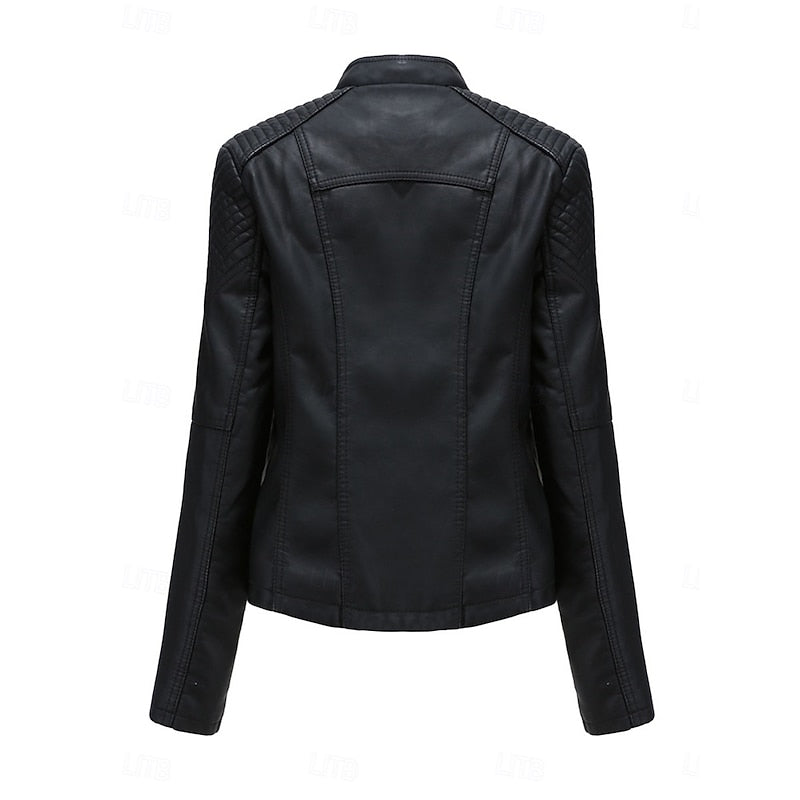 Faux Leather Biker Jacket Women's Black Zip-Up Moto Jacket – Casual, Office, Gift
