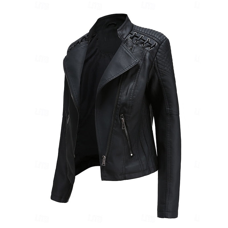 Faux Leather Biker Jacket Women's Black Zip-Up Moto Jacket – Casual, Office, Gift