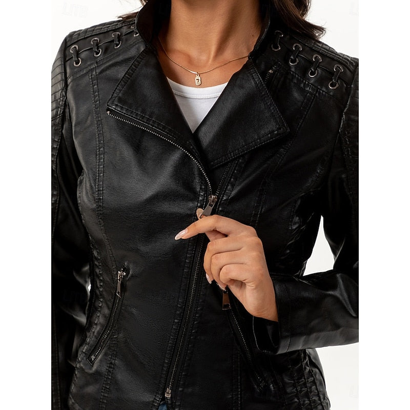Faux Leather Biker Jacket Women's Black Zip-Up Moto Jacket – Casual, Office, Gift