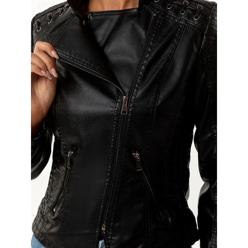Faux Leather Biker Jacket Women's Black Zip-Up Moto Jacket – Casual, Office, Gift