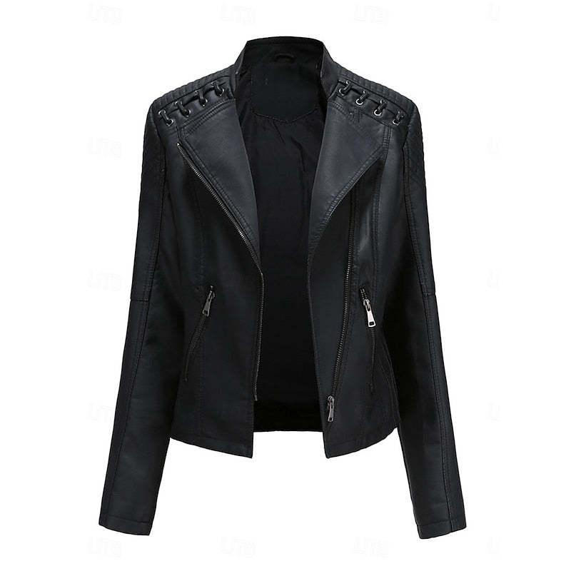 Faux Leather Biker Jacket Women's Black Zip-Up Moto Jacket – Casual, Office, Gift