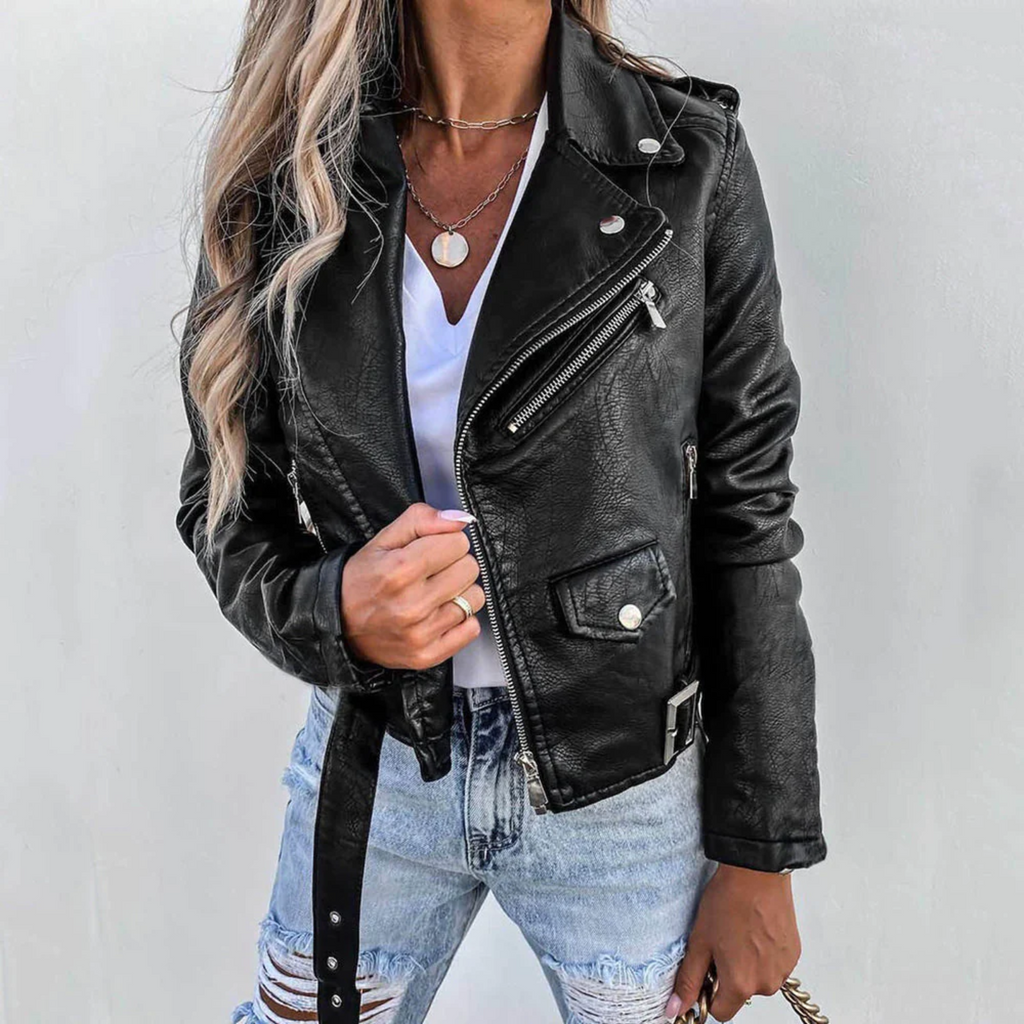 Faux Leather Biker Jacket Women's Slim Fit Burgundy Moto Jacket with Asymmetric Zip Belt – Casual, Gift