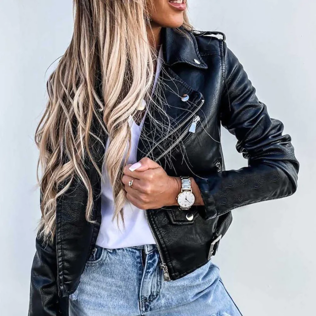 Faux Leather Biker Jacket Women's Slim Fit Burgundy Moto Jacket with Asymmetric Zip Belt – Casual, Gift