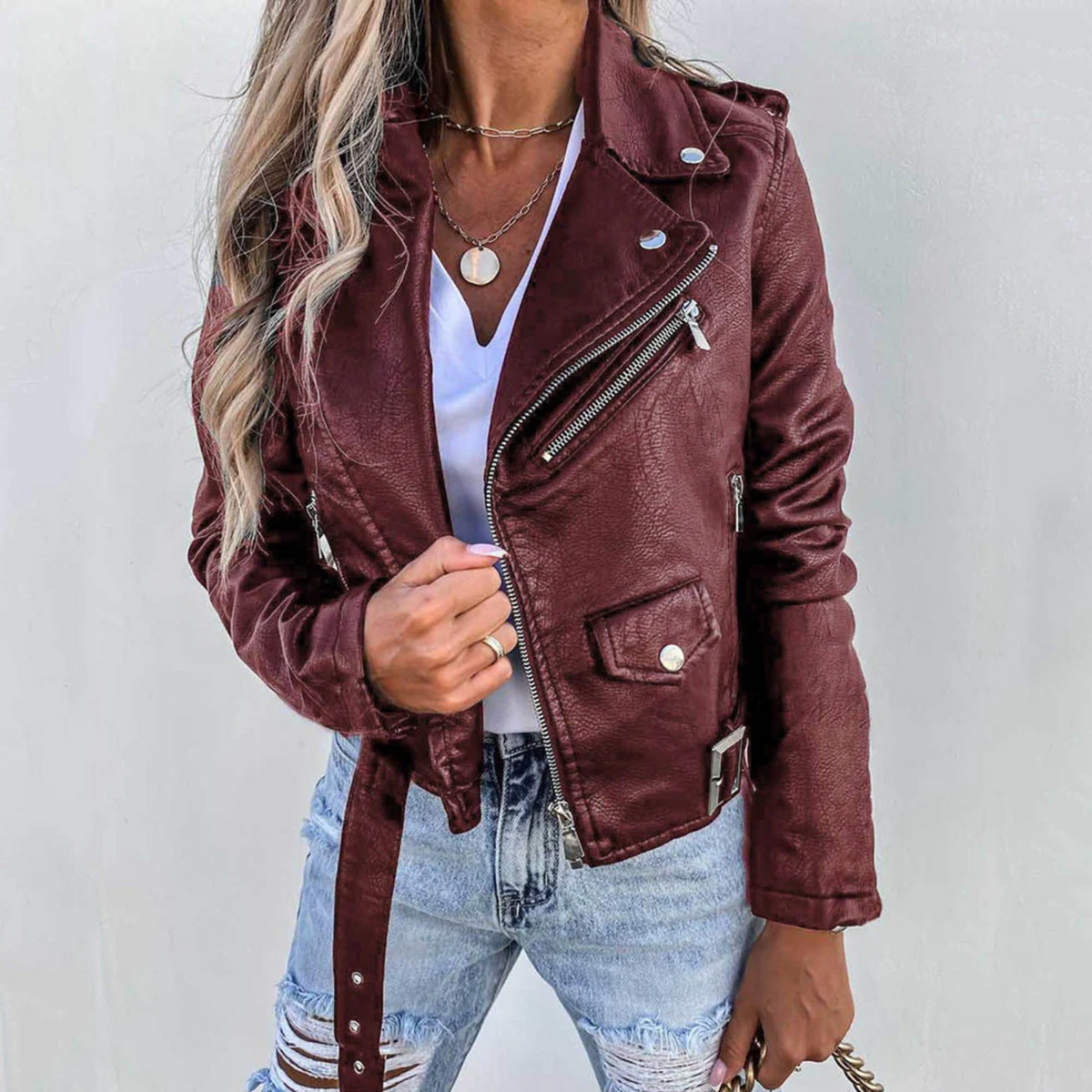 Faux Leather Biker Jacket Women's Slim Fit Burgundy Moto Jacket with Asymmetric Zip Belt – Casual, Gift