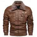 Faux Leather Bomber Jacket Men's Brown Fleece Collar Aviator Coat – Casual, Winter, Gift