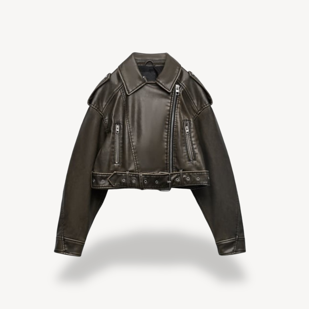 Faux Leather Cropped Biker Jacket Women's Zip Front Belted Moto Coat – Casual, Office, Holiday, Gift