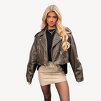 Faux Leather Cropped Biker Jacket Women's Zip Front Belted Moto Coat – Casual, Office, Holiday, Gift