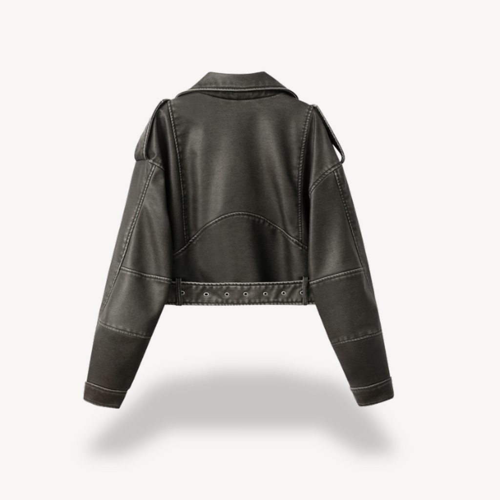Faux Leather Cropped Biker Jacket Women's Zip Front Belted Moto Coat – Casual, Office, Holiday, Gift