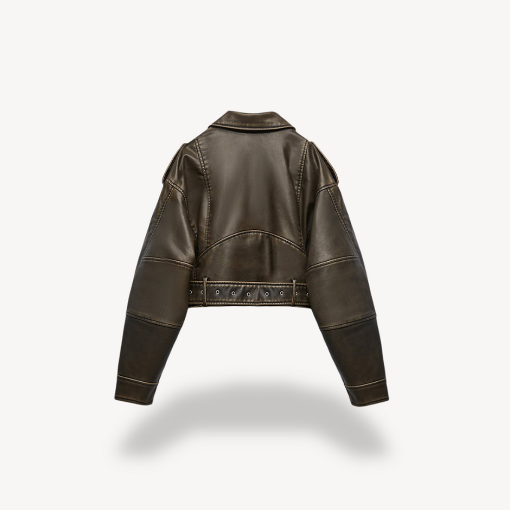 Faux Leather Cropped Biker Jacket Women's Zip Front Belted Moto Coat – Casual, Office, Holiday, Gift