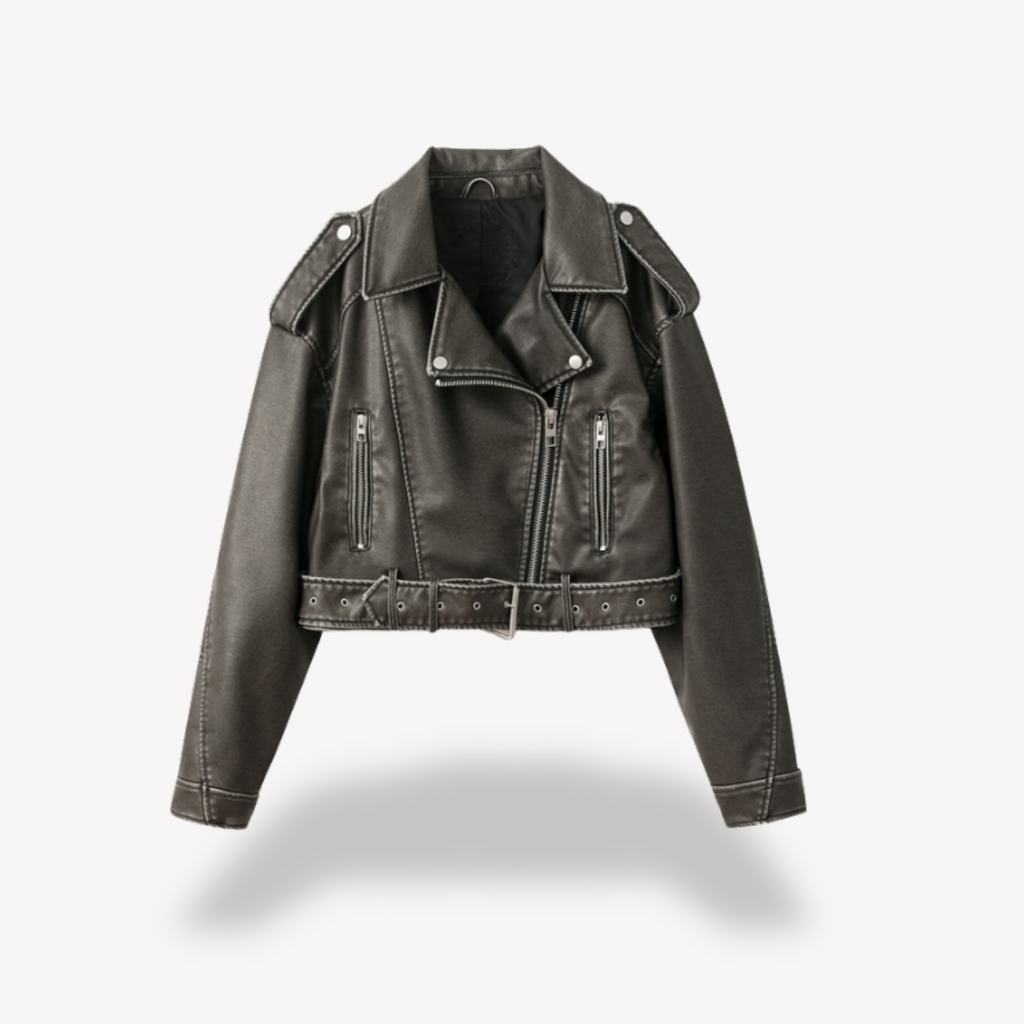 Faux Leather Cropped Biker Jacket Women's Zip Front Belted Moto Coat – Casual, Office, Holiday, Gift
