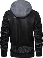 Faux Leather Moto Jacket Men's Black with Removable Hood – Casual, Gift · Faylori