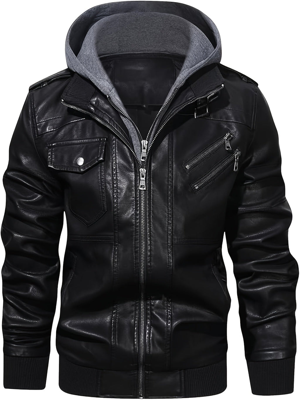 Faux Leather Moto Jacket Men's Black with Removable Hood – Casual, Gift · Faylori