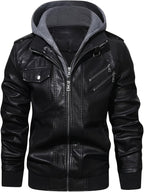 Faux Leather Moto Jacket Men's Black with Removable Hood – Casual, Gift · Faylori