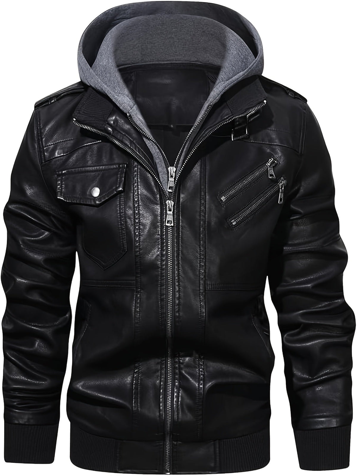 Faux Leather Moto Jacket Men's Black with Removable Hood – Casual, Gift · Faylori