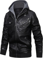 Faux Leather Moto Jacket Men's Black with Removable Hood – Casual, Gift · Faylori