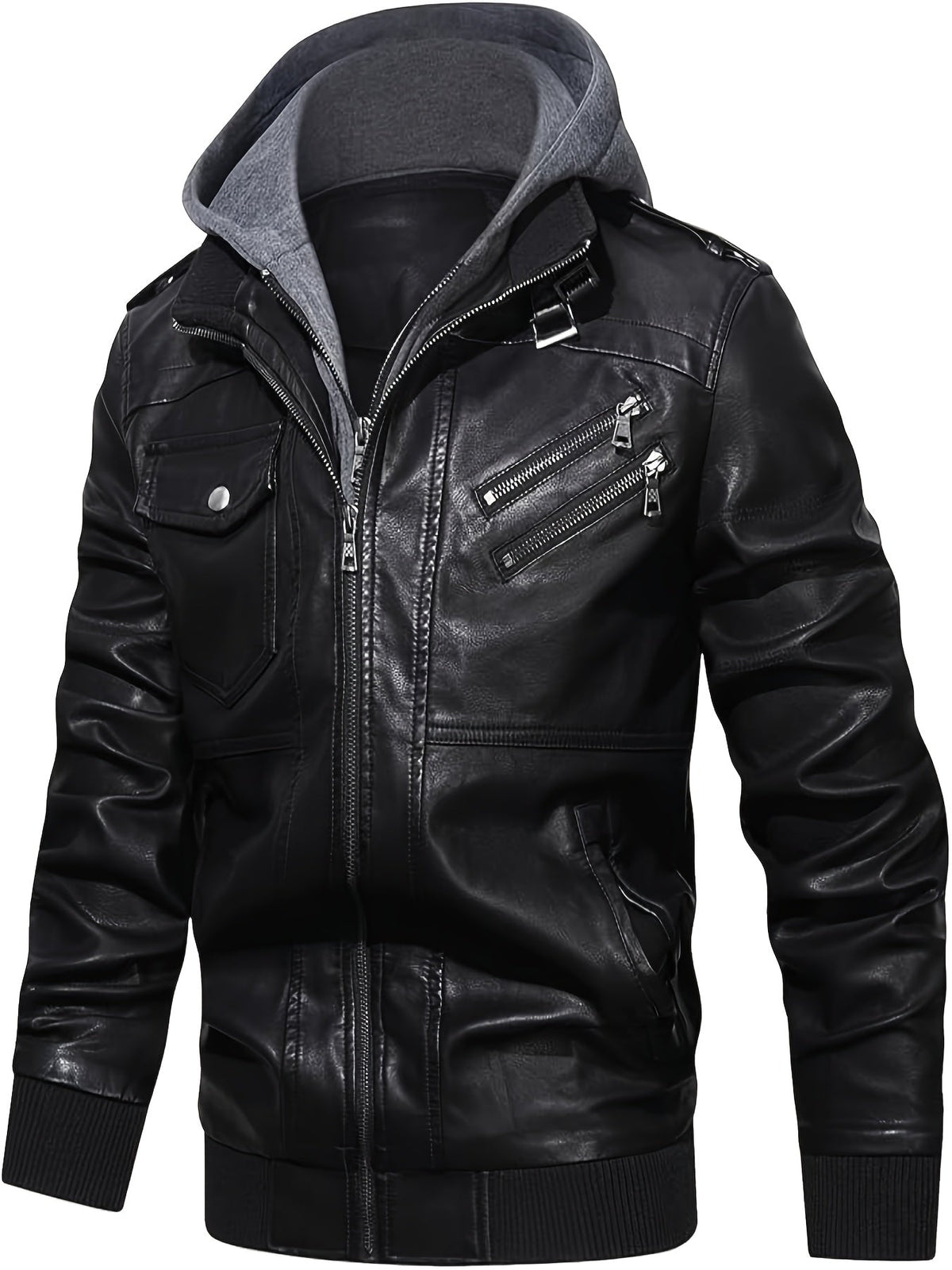 Faux Leather Moto Jacket Men's Black with Removable Hood – Casual, Gift · Faylori