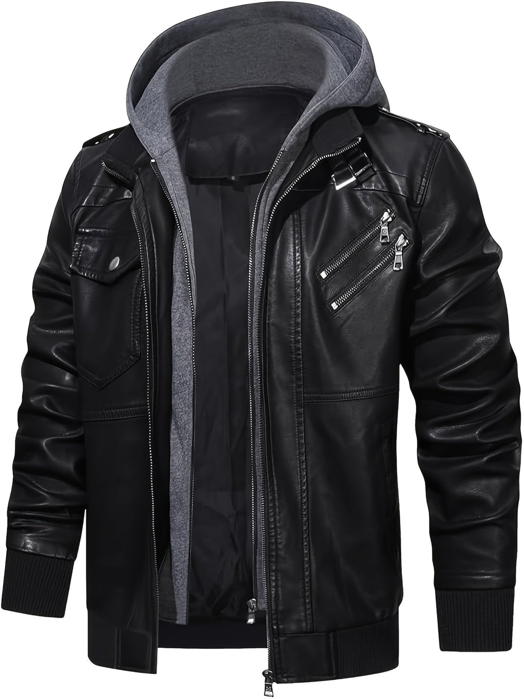 Faux Leather Moto Jacket Men's Black with Removable Hood – Casual, Gift · Faylori
