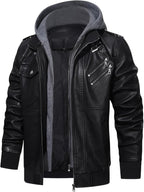Faux Leather Moto Jacket Men's Black with Removable Hood – Casual, Gift · Faylori