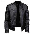 Faux Leather Moto Jacket Men's Brown Stand Collar Zip-Up – Casual, Gift · Faylori