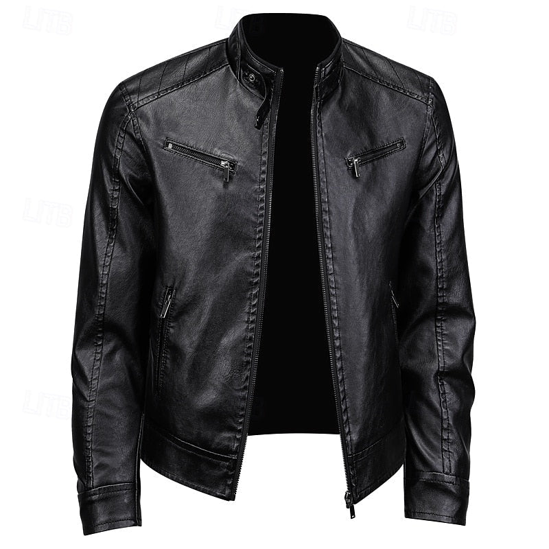 Faux Leather Moto Jacket Men's Brown Stand Collar Zip-Up – Casual, Gift · Faylori