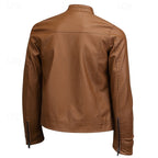 Faux Leather Moto Jacket Men's Brown Stand Collar Zip-Up – Casual, Gift · Faylori