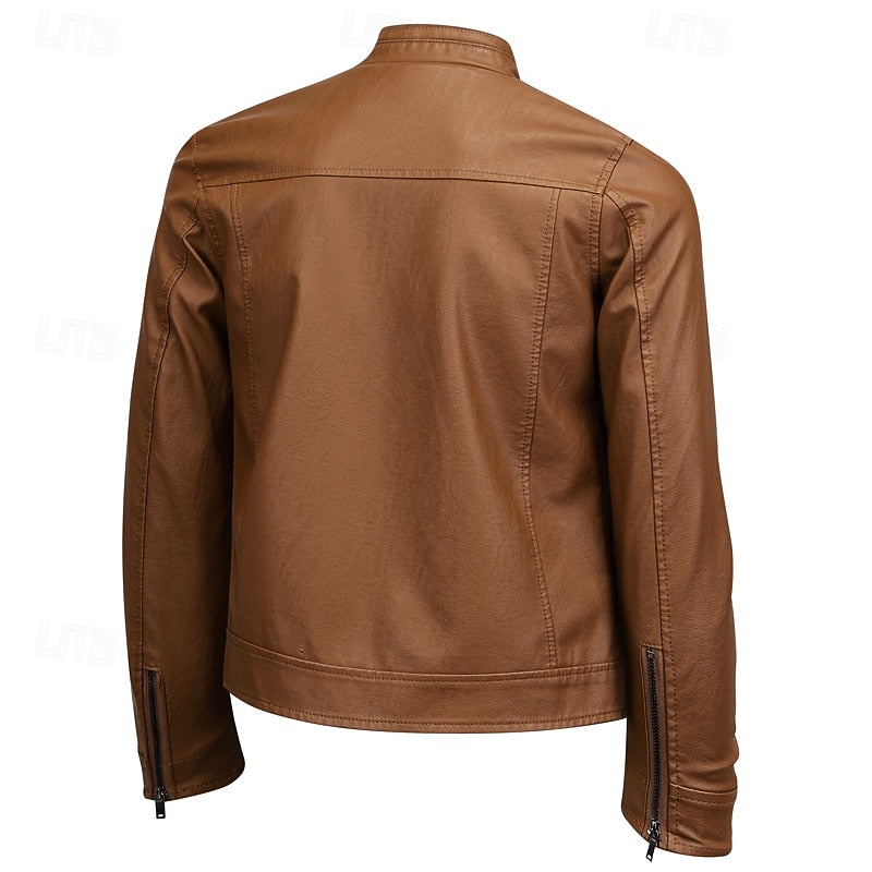 Faux Leather Moto Jacket Men's Brown Stand Collar Zip-Up – Casual, Gift · Faylori